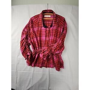 Free People Pacific Dawn Plaid Shirt Womens Size MED Drawstring Waist Snap Front